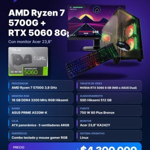PC Gamer AMD Ryzen 7 5700G + RTX 5060 8GB con monitor Acer 23,8 - Tecnología y Sistemas Rionegro