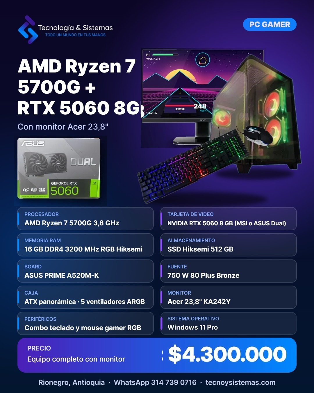 PC Gamer AMD Ryzen 7 5700G + RTX 5060 8GB con monitor Acer 23,8 y Windows 11 Pro en Rionegro - Tecnología & Sistemas
